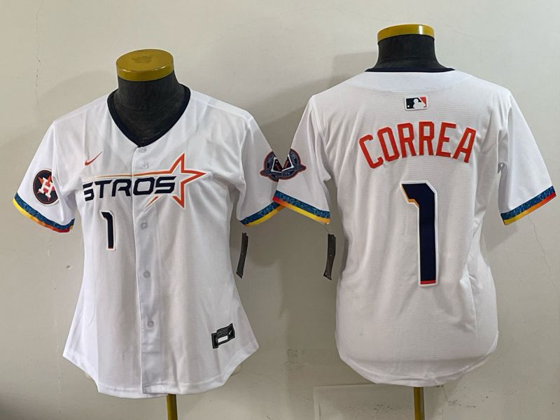 Women 2025 Houston Astros #1 Correa White Four generations Joint Name Nike MLB Jersey style 07->women mlb jersey->Women Jersey